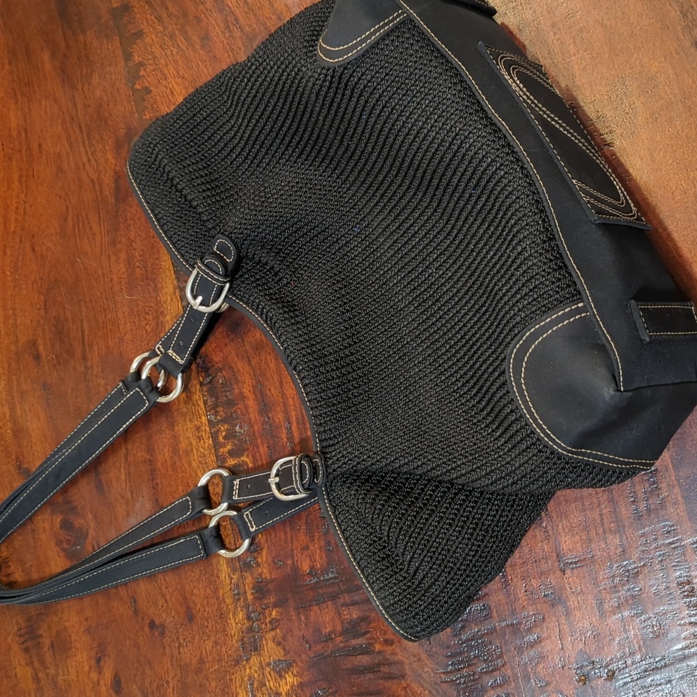 The Sak Black Shoulder Bag Crochet Woven Buckle Straps